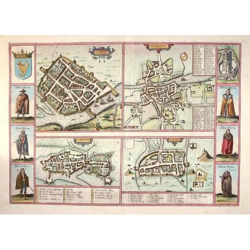 Old map image download for Galwaye, Dubline , Lymericke, and Corcke - Braun & Hogenberg, 1618. 