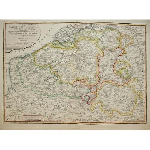 Old map image download for The Catholic Netherlands, or The Low Countries. Comprehending The Provinces of Brabant, Gelderland, Limburg, Luxemburg, Haynaut, Namur, Flanders, Cambre Sis & Artois by Samuel Dunn Mathematician.