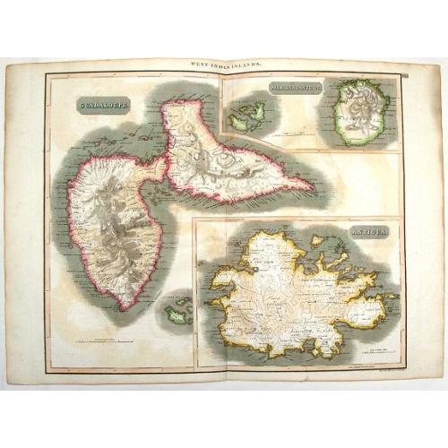 Old map image download for West Indies Islands - Guadeloupe, Mariegalante & Antigua.