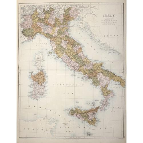 Old map image download for Italy with Sicily, Corsica, Malta, and Sardinia.