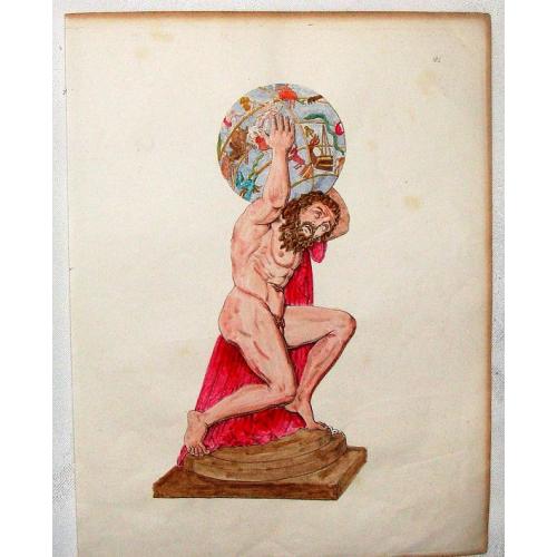 Old map image download for Hand-Colored Copper Engraving of Atlas With World On Shoulders.