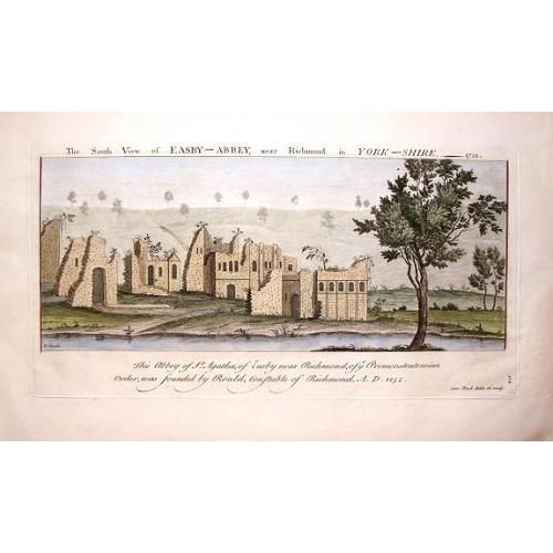 Old map image download for The South View of Easby Abbey near Richmond in York, 1721.