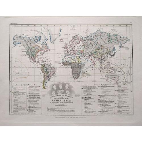 Old map image download for Ethnographical map of the World showing the distribution of the Human race in the middle of the 19th century...