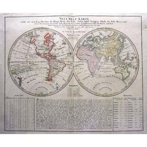 Old map image download for Neue Welt=Karte Welche auf zwoo Kugelflaechen die Haupt=Theile der Erde...