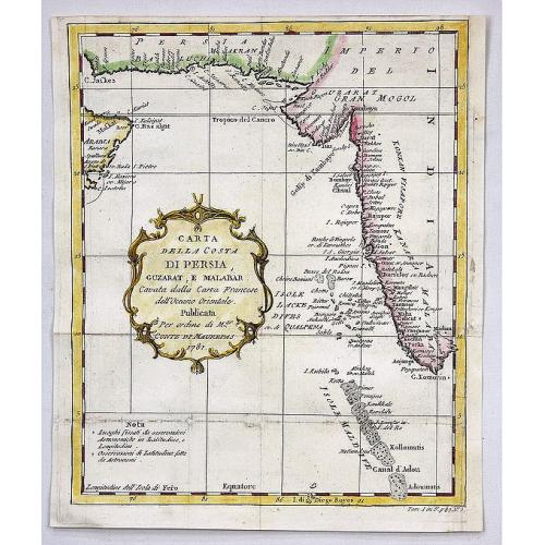 Old map image download for Carta Della Costa di Persia, Guzarat, E Malabar.