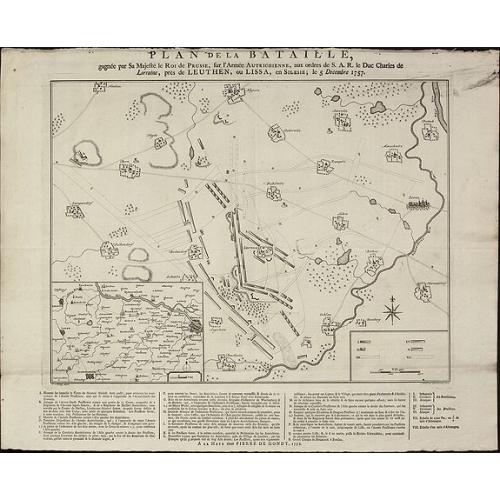 Old map image download for Plan de la Bataille, gagnée par Sa Majesté le Roi de Prusse, sur l'Armée Autrichienne, aux ordres de S.A.R de Duc Charles de Lorraine, près de Leuthen, ou Lissa, en Silesie, le 5. Decembre 1757